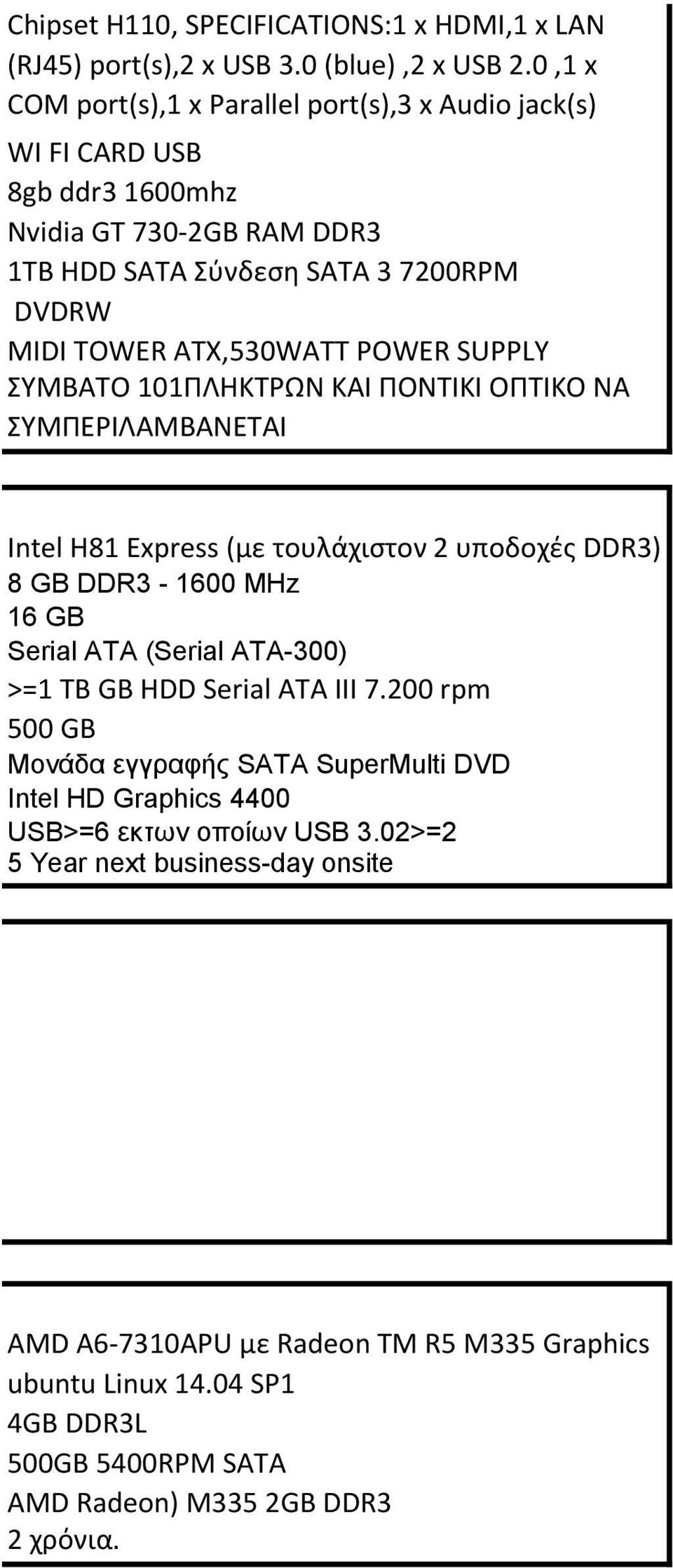 SUPPLY ΣΥΜΒΑΤΟ 101ΠΛΗΚΤΡΩΝ ΚΑΙ ΠΟΝΤΙΚΙ ΟΠΤΙΚΟ ΝΑ ΣΥΜΠΕΡΙΛΑΜΒΑΝΕΤΑΙ Intel H81 Express (με τουλάχιστον 2 υποδοχές DDR3) 8 GB DDR3-1600 MHz 16 GB Serial ATA (Serial ATA-300) >=1 ΤΒ GB HDD