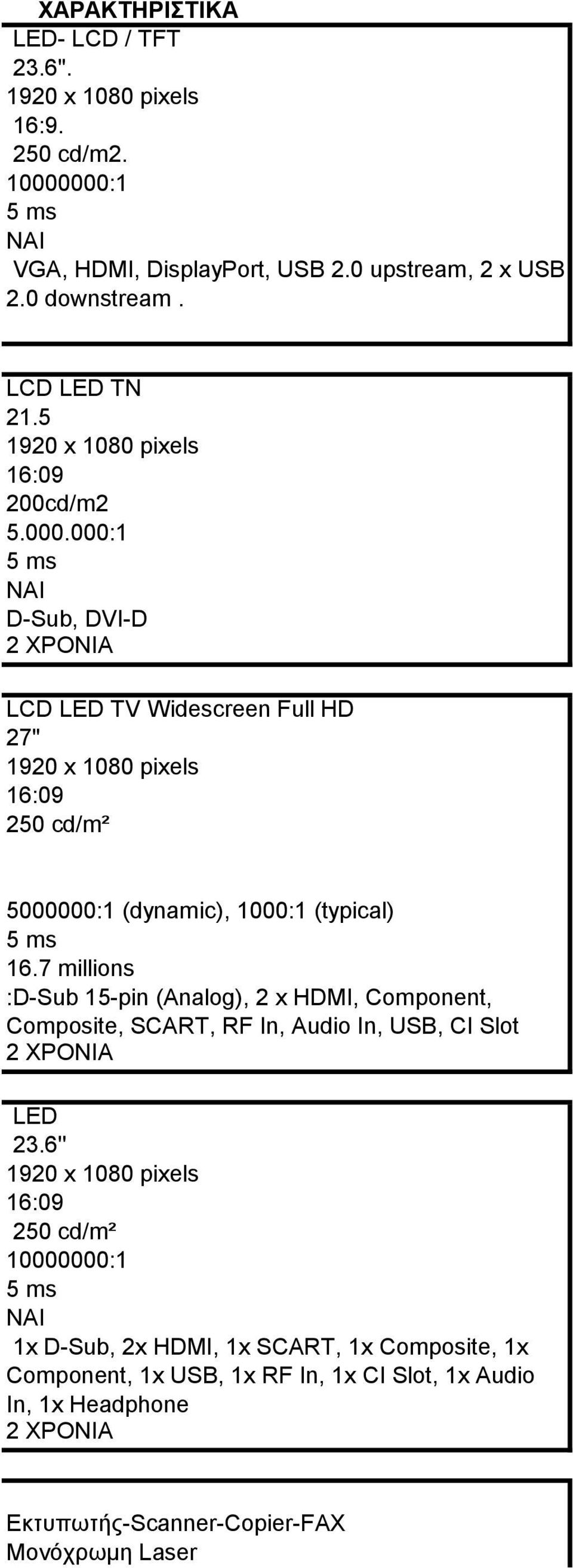 000:1 5 ms NAI D-Sub, DVI-D 2 ΧΡΟΝΙΑ LCD LED TV Widescreen Full HD 27" 1920 x 1080 pixels 16:09 250 cd/m² 5000000:1 (dynamic), 1000:1 (typical) 5 ms 16.