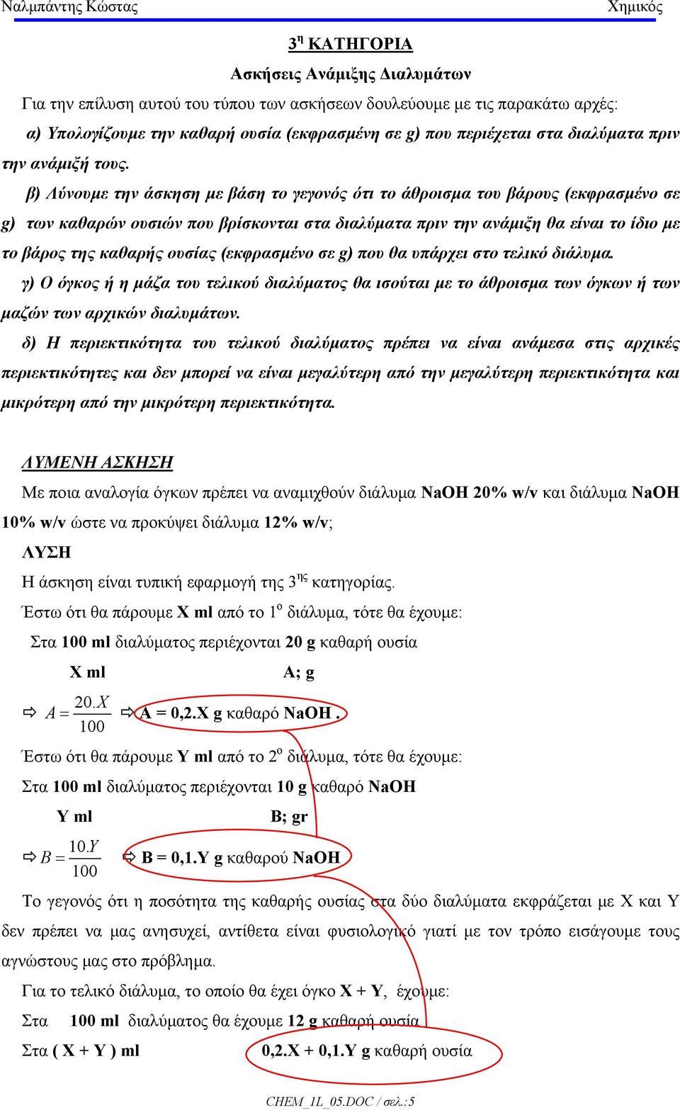 β) Λύνουµε την άσκηση µε βάση το γεγονός ότι το άθροισµα του βάρους (εκφρασµένο σε g) των καθαρών ουσιών που βρίσκονται στα διαλύµατα πριν την ανάµιξη θα είναι το ίδιο µε το βάρος της καθαρής ουσίας