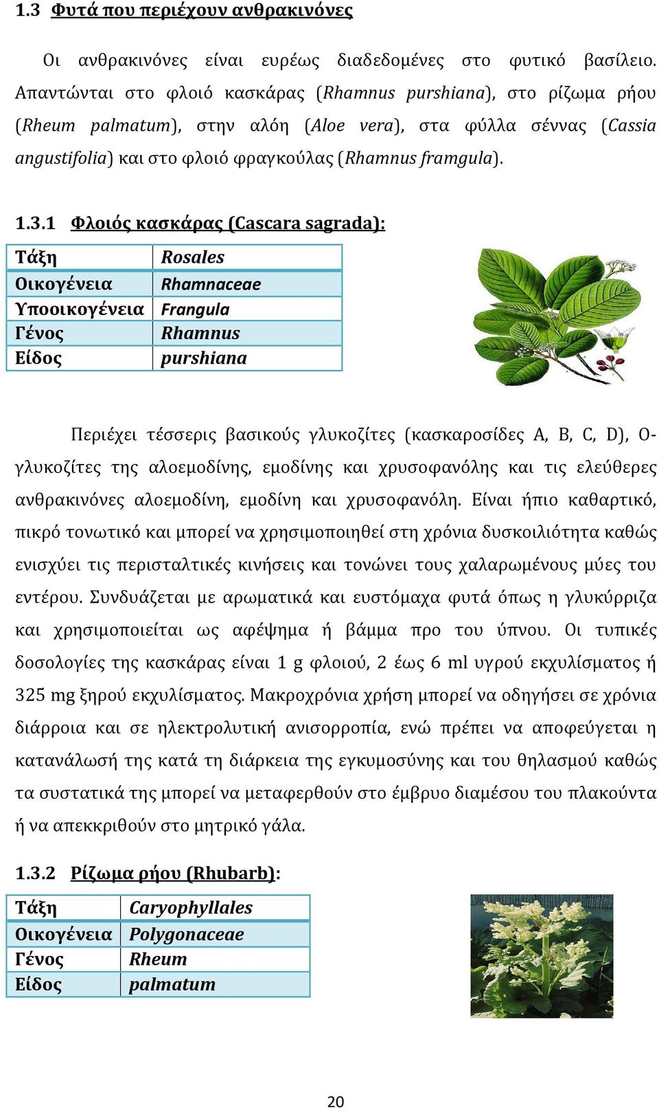 1 Φλοιός κασκάρας (Cascara sagrada): Τάξη Οικογένεια Υποοικογένεια Γένος Είδος Rosales Rhamnaceae Frangula Rhamnus purshiana Περιέχει τέσσερις βασικούς γλυκοζίτες (κασκαροσίδες A, B, C, D), Ο
