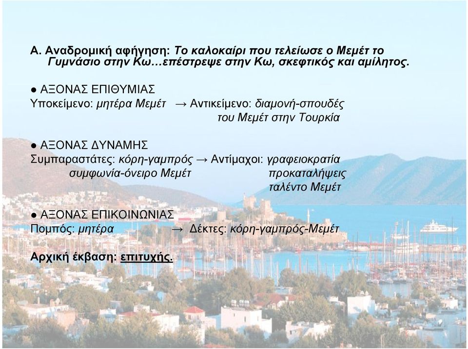 ΑΞΟΝΑΣ ΕΠΙΘΥΜΙΑΣ Υποκείμενο: μητέρα Μεμέτ Αντικείμενο: διαμονή-σπουδές του Μεμέτ στην Τουρκία ΑΞΟΝΑΣ
