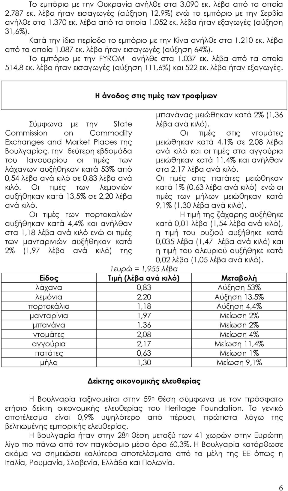 037 εκ. λέβα από τα οποία 514,8 εκ. λέβα ήταν εισαγωγές (αύξηση 111,6%) και 522 εκ. λέβα ήταν εξαγωγές.