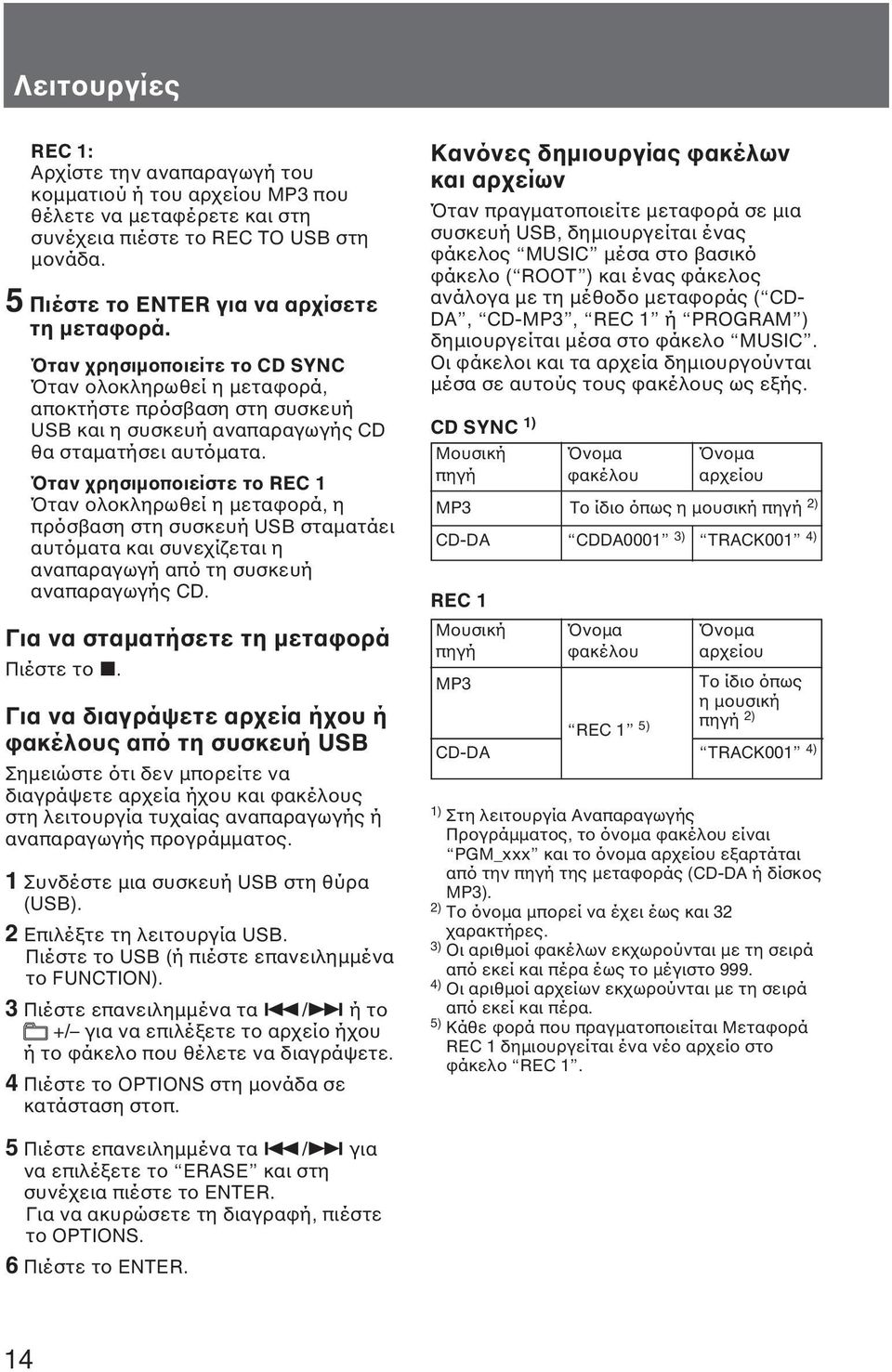 Όταν χρησιµοποιείστε το REC 1 Όταν ολοκληρωθεί η µεταφορά, η πρόσβαση στη συσκευή USB σταµατάει αυτόµατα και συνεχίζεται η αναπαραγωγή από τη συσκευή αναπαραγωγής CD.