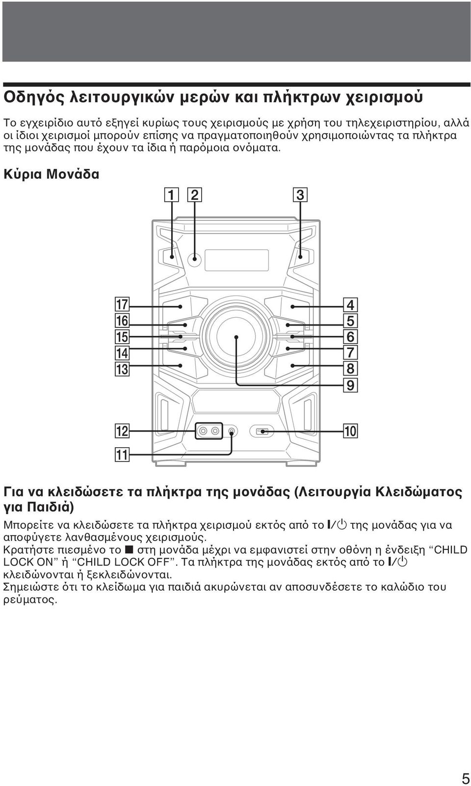 Κύρια Μονάδα Για να κλειδώσετε τα πλήκτρα της µονάδας (Λειτουργία Κλειδώµατος για Παιδιά) Μπορείτε να κλειδώσετε τα πλήκτρα χειρισµού εκτός από το )/1 της µονάδας για να αποφύγετε