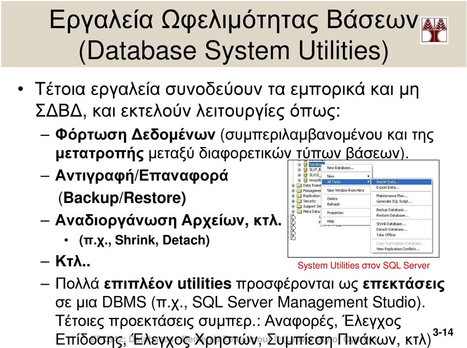 . System Utilities στον SQL Server Πολλά επιπλέον utilities προσφέρονται ως επεκτάσεις σε µια DBMS (π.χ., SQL Server Management Studio).