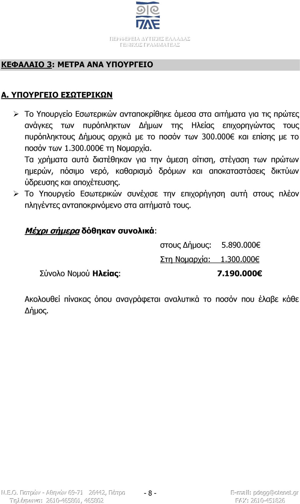 000 και επίσης με το ποσόν των 1.300.000 τη Νομαρχία.