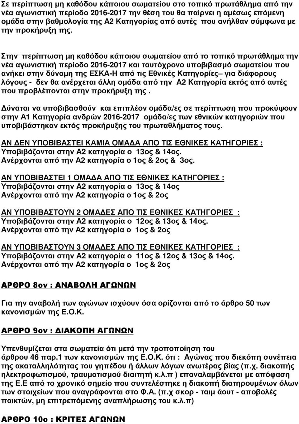 Στην περίπτωση μη καθόδου κάποιου σωματείου από το τοπικό πρωτάθλημα την νέα αγωνιστική περίοδο 2016-2017 και ταυτόχρονο υποβιβασμό σωματείου που ανήκει στην δύναμη της ΕΣΚΑ-Η από τις Εθνικές