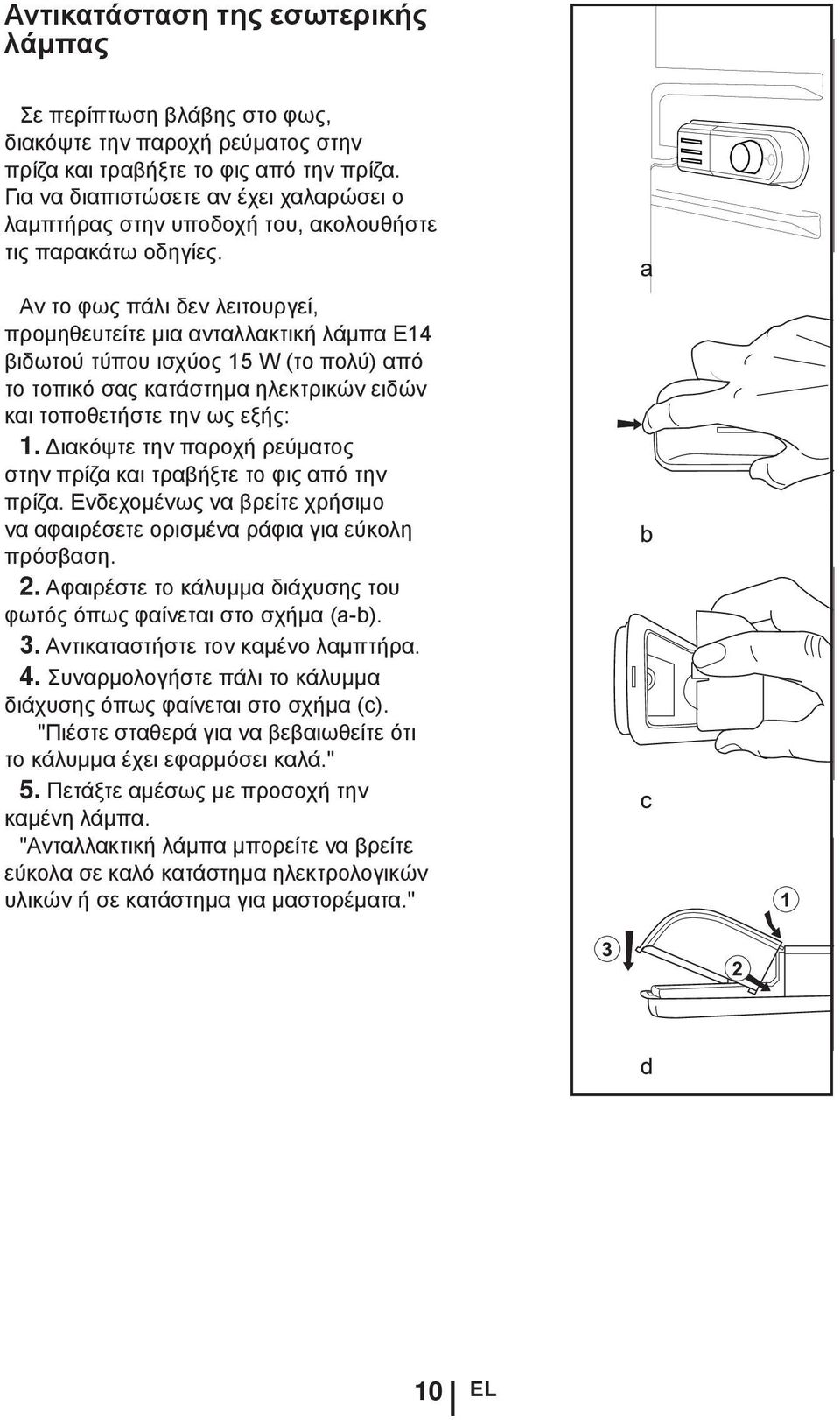 Αν το φως πάλι δεν λειτουργεί, προμηθευτείτε μια ανταλλακτική λάμπα E14 βιδωτού τύπου ισχύος 15 W (το πολύ) από το τοπικό σας κατάστημα ηλεκτρικών ειδών και τοποθετήστε την ως εξής: 1.