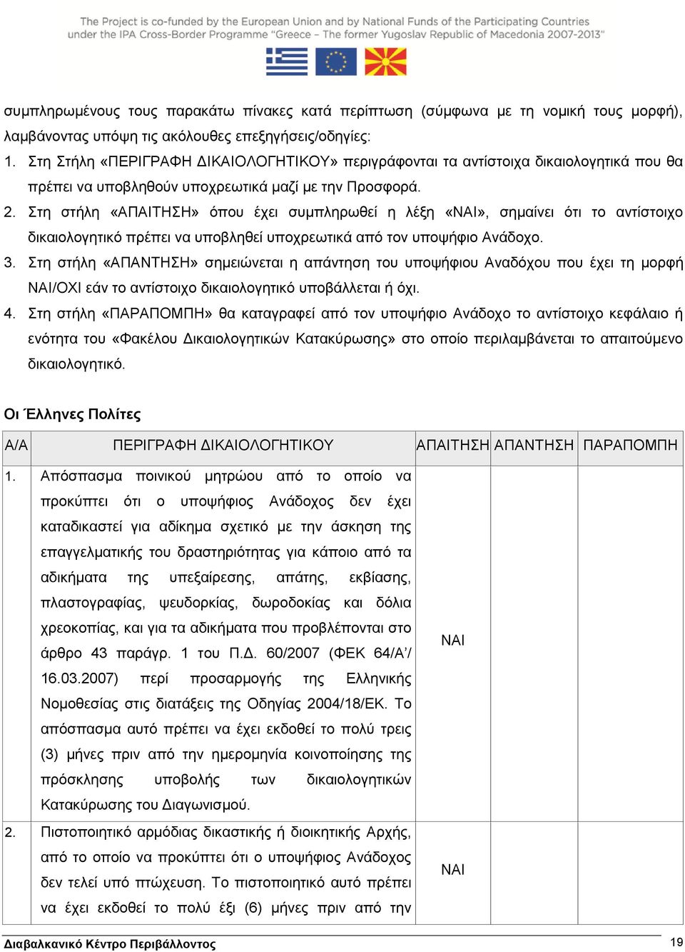 Στη στήλη «ΑΠΑΙΤΗΣΗ» όπου έχει συμπληρωθεί η λέξη, σημαίνει ότι το αντίστοιχο δικαιολογητικό πρέπει να υποβληθεί υποχρεωτικά από τον υποψήφιο Ανάδοχο. 3.