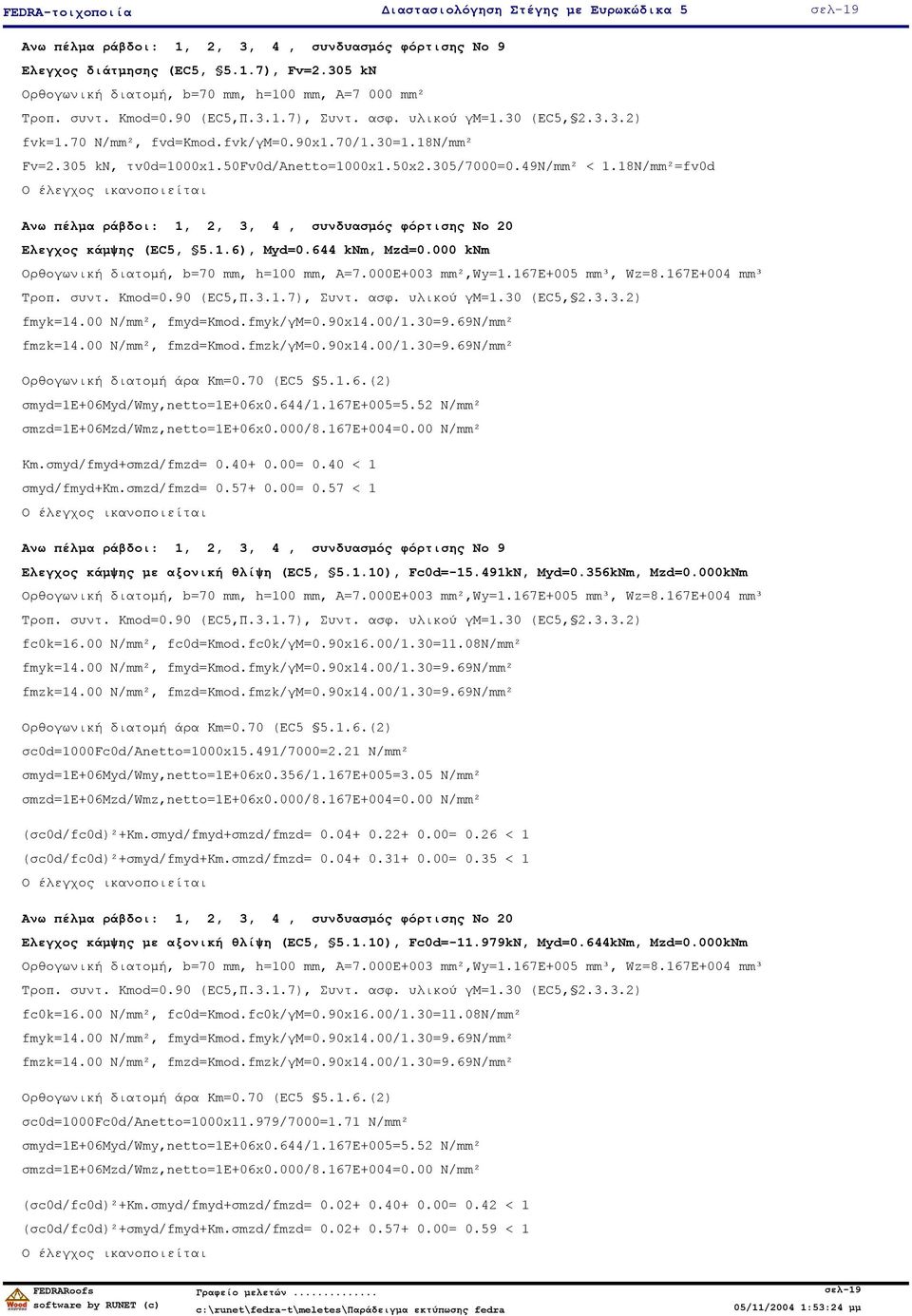 305 kn, τv0d=1000x1.50fv0d/anetto=1000x1.50x2.305/7000=0.49n/mm² < 1.18N/mm²=fv0d Ανω πέλµα ράβδοι: 1, 2, 3, 4, συνδυασµός φόρτισης Νο 20 Ελεγχος κάµψης (EC5, 5.1.6), Myd=0.644 knm, Mzd=0.