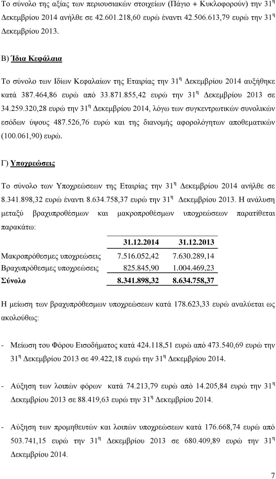 320,28 επξψ ηελ 31 ε Γεθεκβξίνπ 2014, ιφγσ ησλ ζπγθεληξσηηθψλ ζπλνιηθψλ εζφδσλ χςνπο 487.526,76 επξψ θαη ηεο δηαλνκήο αθνξνιφγεησλ απνζεκαηηθψλ (100.061,90) επξψ.