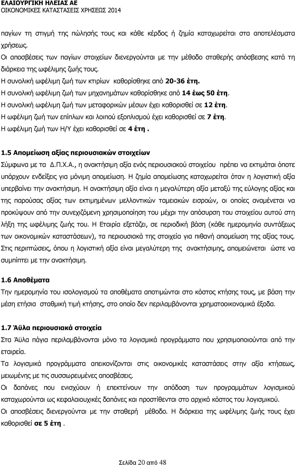 Η συνολική ωφέλιμη ζωή των μηχανημάτων καθορίσθηκε από 14 έως 50 έτη. Η συνολική ωφέλιμη ζωή των μεταφορικών μέσων έχει καθορισθεί σε 12 έτη.