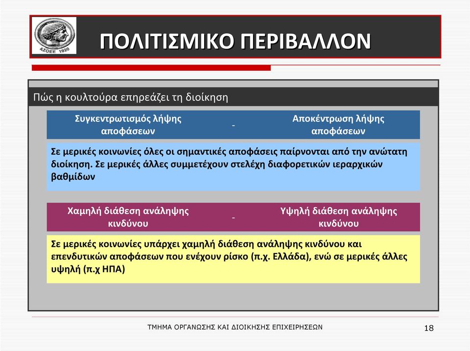 Σε μερικές άλλες συμμετέχουν στελέχη διαφορετικών ιεραρχικών βαθμίδων Χαμηλή διάθεση ανάληψης κινδύνου - Υψηλή διάθεση