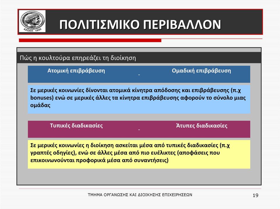 χ bonuses) ενώ σε μερικές άλλες τα κίνητρα επιβράβευσης αφορούν το σύνολο μιας ομάδας Τυπικές διαδικασίες - Άτυπες