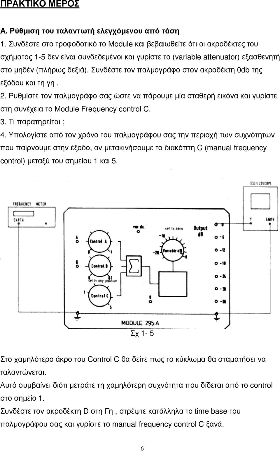 Συνδέστε τον παλµογράφο στον ακροδέκτη 0db της εξόδου και τη γη. 2. Ρυθµίστε τον παλµογράφο σας ώστε να πάρουµε µία σταθερή εικόνα και γυρίστε στη συνέχεια το Module Frequency control C. 3.