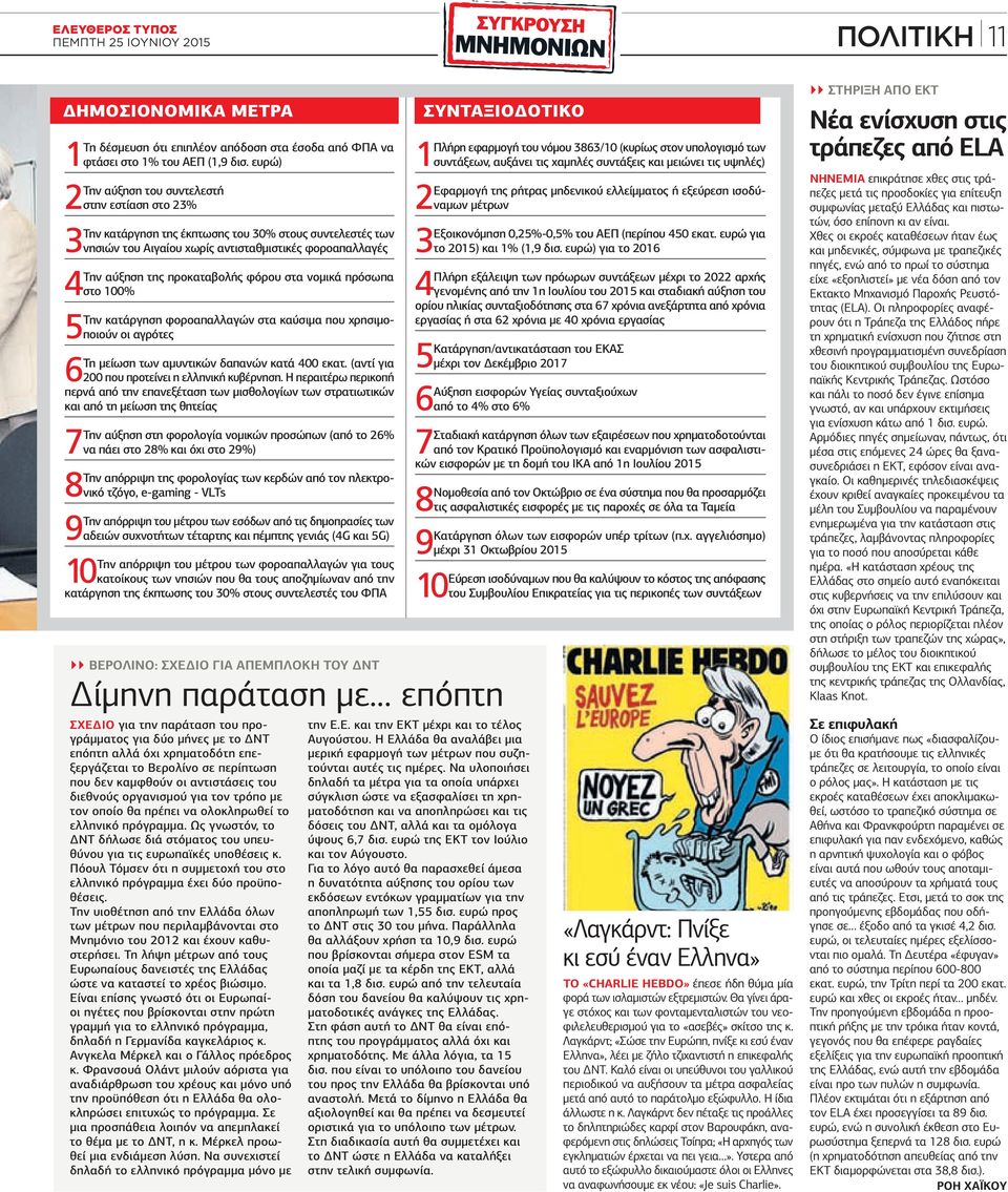 φόρου στα νομικά πρόσωπα 4 στο 100% Την κατάργηση φοροαπαλλαγών στα καύσιμα που χρησιμοποιούν οι 5 αγρότες Τη μείωση των αμυντικών δαπανών κατά 400 εκατ.