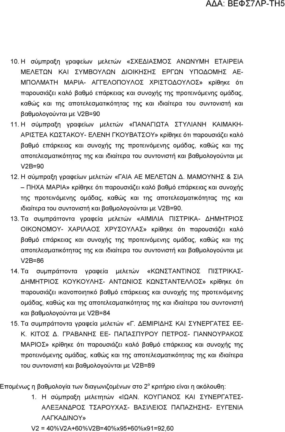 Η σύμπραξη γραφείων μελετών «ΠΑΝΑΓΙΩΤΑ ΣΤΥΛΙΑΝΗ ΚΑΙΜΑΚΗ- ΑΡΙΣΤΕΑ ΚΩΣΤΑΚΟΥ- ΕΛΕΝΗ ΓΚΟΥΒΑΤΣΟΥ» κρίθηκε ότι παρουσιάζει καλό βαθμό επάρκειας και συνοχής της προτεινόμενης ομάδας, καθώς και της