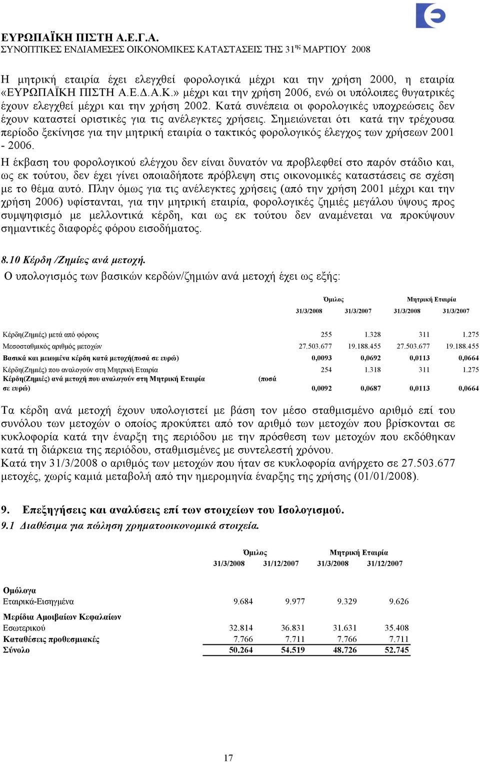Σημειώνεται ότι κατά την τρέχουσα περίοδο ξεκίνησε για την μητρική εταιρία ο τακτικός φορολογικός έλεγχος των χρήσεων 2001-2006.