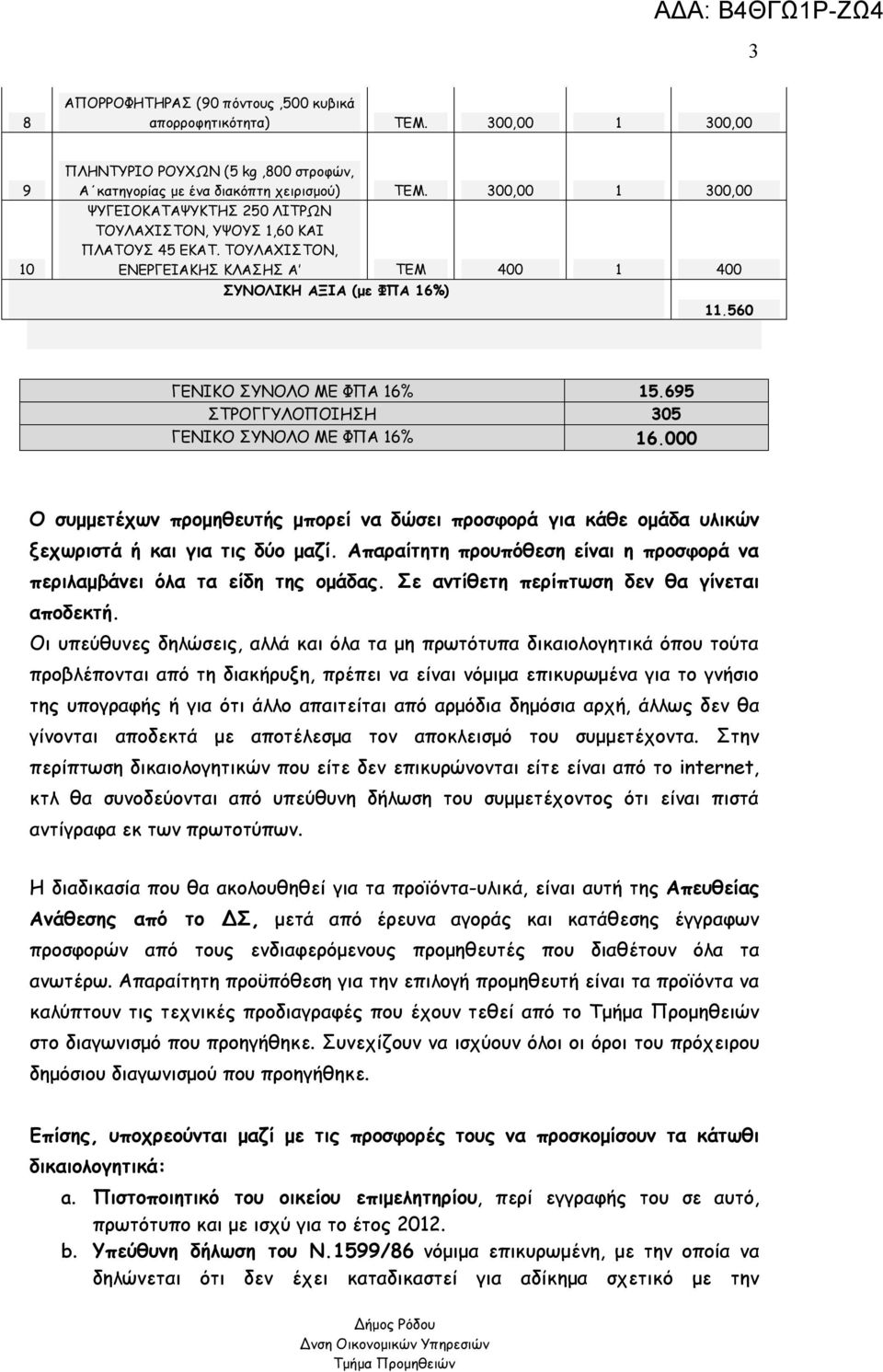 695 ΣΤΡΟΓΓΥΛΟΠΟΙΗΣΗ 305 ΓΕΝΙΚΟ ΣΥΝΟΛΟ ΜΕ ΦΠΑ 16% 16.000 Ο συμμετέχων προμηθευτής μπορεί να δώσει προσφορά για κάθε ομάδα υλικών ξεχωριστά ή και για τις δύο μαζί.