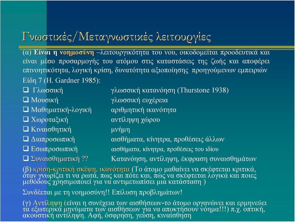 Gardner 1985): Γλωσσική γλωσσική κατανόηση (Thurstone 1938) Μουσική γλωσσική ευχέρεια Μαθηματική-λογική αριθμητική ικανότητα Χωροταξική αντίληψη χώρου Κιναισθητική μνήμη Διαπροσωπική αισθήματα,