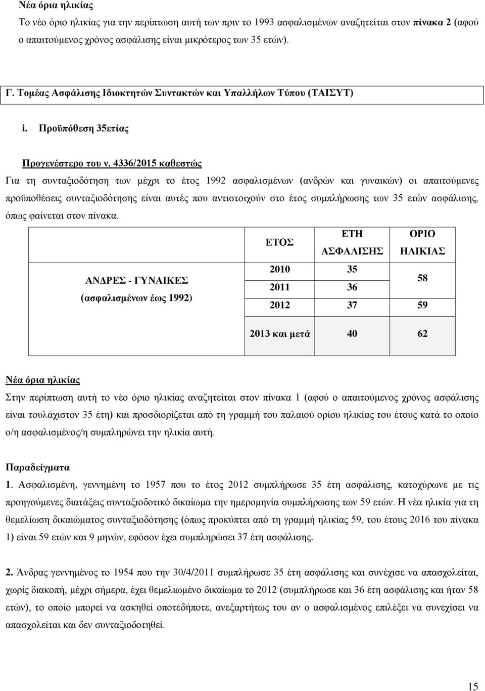 Προϋπόθεση 35ετίας Για τη συνταξιοδότηση των μέχρι το έτος 1992 ασφαλισμένων (ανδρών και γυναικών) οι απαιτούμενες προϋποθέσεις συνταξιοδότησης είναι αυτές που αντιστοιχούν στο έτος συμπλήρωσης των