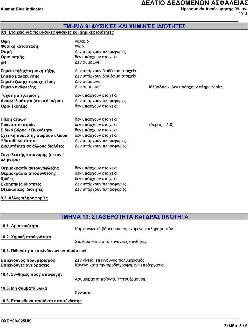 εξάτμισης Αναφλεξιμότητα (στερεό, αέριο) Όρια έκρηξης γαλάζιο υγρό. Δεν υπάρχουν πληροφορίες Δεν υπάρχουν διαθέσιμα στοιχεία Δεν υπάρχουν διαθέσιμα στοιχεία.