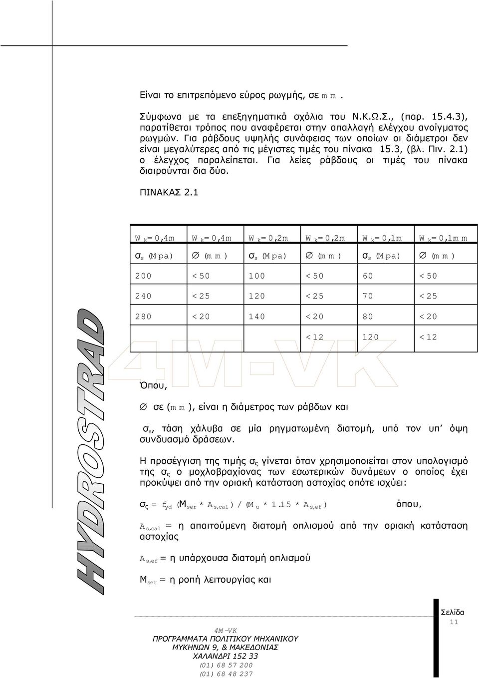 Για λείες ράβδους οι τιµές του πίνακα διαιρούνται δια δύο. ΠΙΝΑΚΑΣ 2.