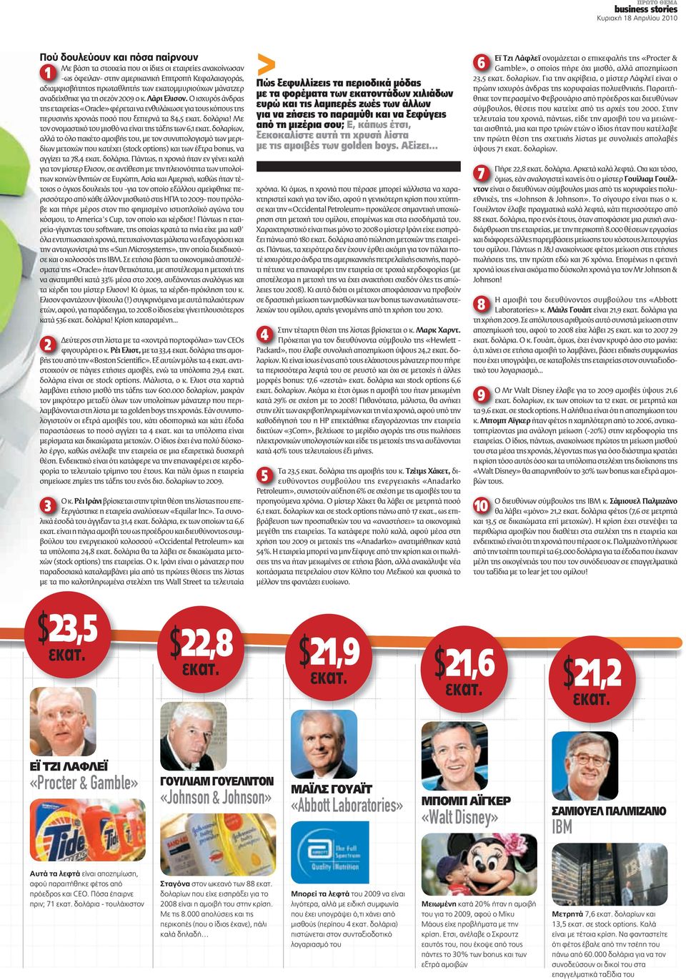 Ο ισχυρός άνδρας της εταιρείας «Oracle» φέρεται να ενθυλάκωσε για τους κόπους της περυσινής χρονιάς ποσό που ξεπερνά τα 84,5 εκατ. δολάρια! Με τον ονομαστικό του μισθό να είναι της τάξης των 6,1 εκατ.