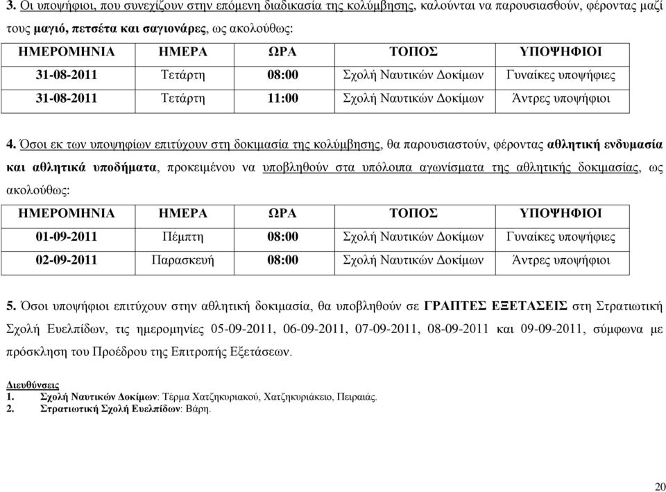 Όζνη εθ ησλ ππνςεθίσλ επηηύρνπλ ζηε δνθηκαζία ηεο θνιύκβεζεο, ζα παξνπζηαζηνύλ, θέξνληαο αθληηική ενδσμαζία και αθληηικά σποδήμαηα, πξνθεηκέλνπ λα ππνβιεζνύλ ζηα ππόινηπα αγσλίζκαηα ηεο αζιεηηθήο