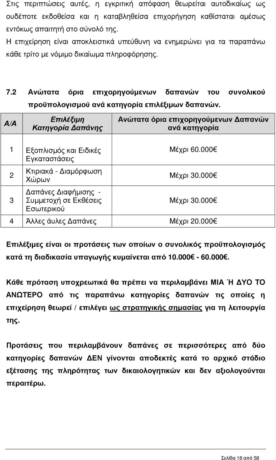 2 Ανώτατα όρια επιχορηγούµενων δαπανών του συνολικού προϋπολογισµού ανά κατηγορία επιλέξιµων δαπανών.