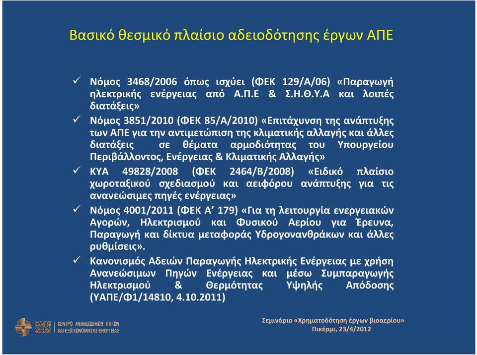 Περιβάλλοντος, Ενέργειας& Κλιματικής Αλλαγής» ΚΥΑ 49828/2008 (ΦΕΚ 2464/Β/2008) «Ειδικό πλαίσιο χωροταξικού σχεδιασμού και αειφόρου ανάπτυξης για τις ανανεώσιμες πηγές ενέργειας» Νόμος 4001/2011 (ΦΕΚ