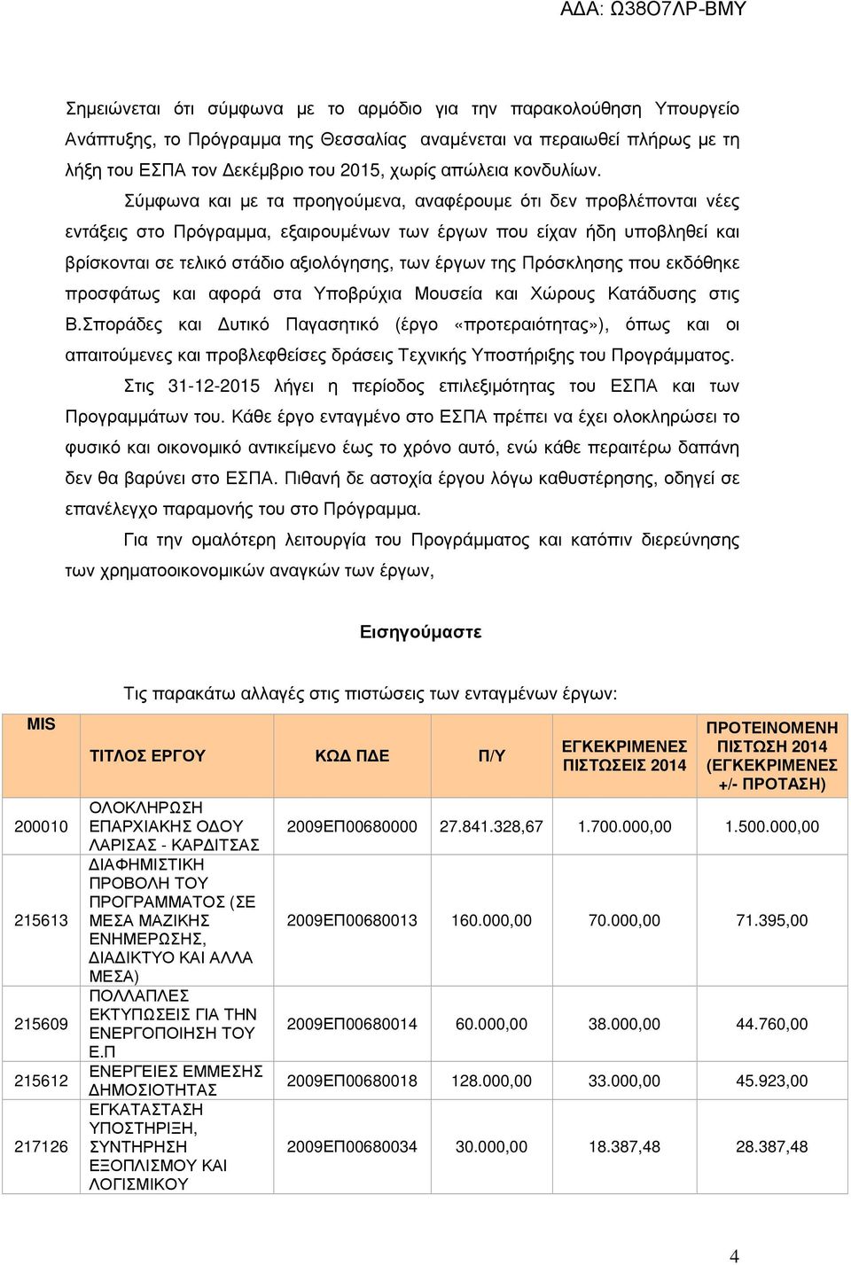 Σύµφωνα και µε τα προηγούµενα, αναφέρουµε ότι δεν προβλέπονται νέες εντάξεις στο Πρόγραµµα, εξαιρουµένων των έργων που είχαν ήδη υποβληθεί και βρίσκονται σε τελικό στάδιο αξιολόγησης, των έργων της