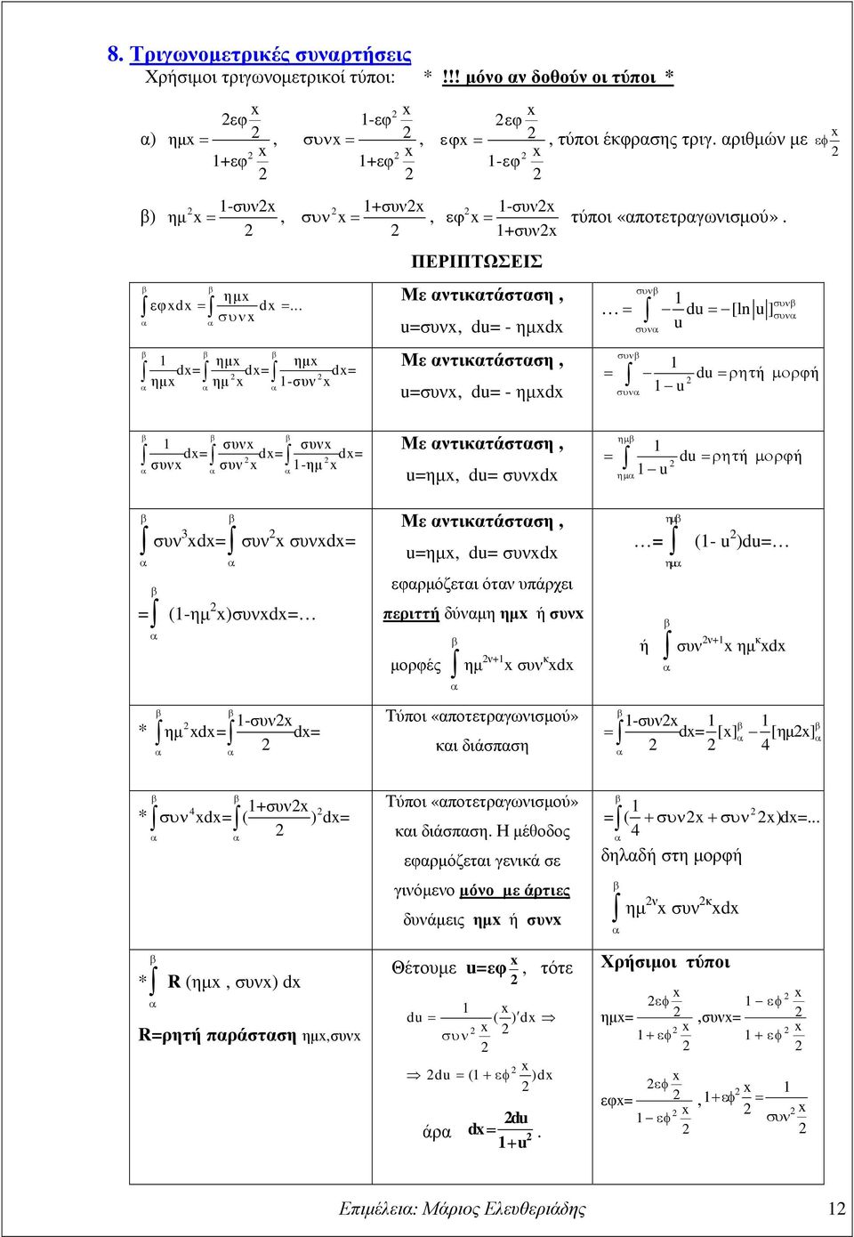 .. συ ηµ ηµ -συ u=συ, du= - ηµd ηµ ηµ Με τικτάστση, d= d= d= u=συ, du= - ηµd συ = du = [ln u ] u συ συ συ συ = du=ρητ ή µορϕή u συ εφ συ συ d= d= d= συ συ -ηµ Με τικτάστση, u=ηµ, du= συd ηµ = du =ρητ