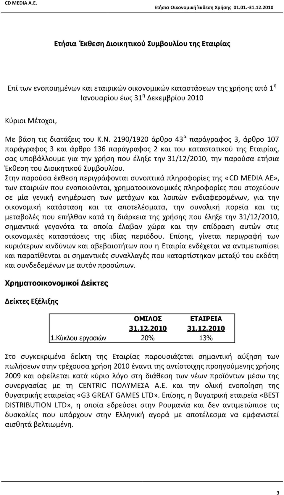 2190/1920 άρθρο 43 α παράγραφος 3, άρθρο 107 παράγραφος 3 και άρθρο 136 παράγραφος 2 και του καταστατικού της Εταιρίας, σας υποβάλλουμε για την χρήση που έληξε την 31/12/2010, την παρούσα ετήσια
