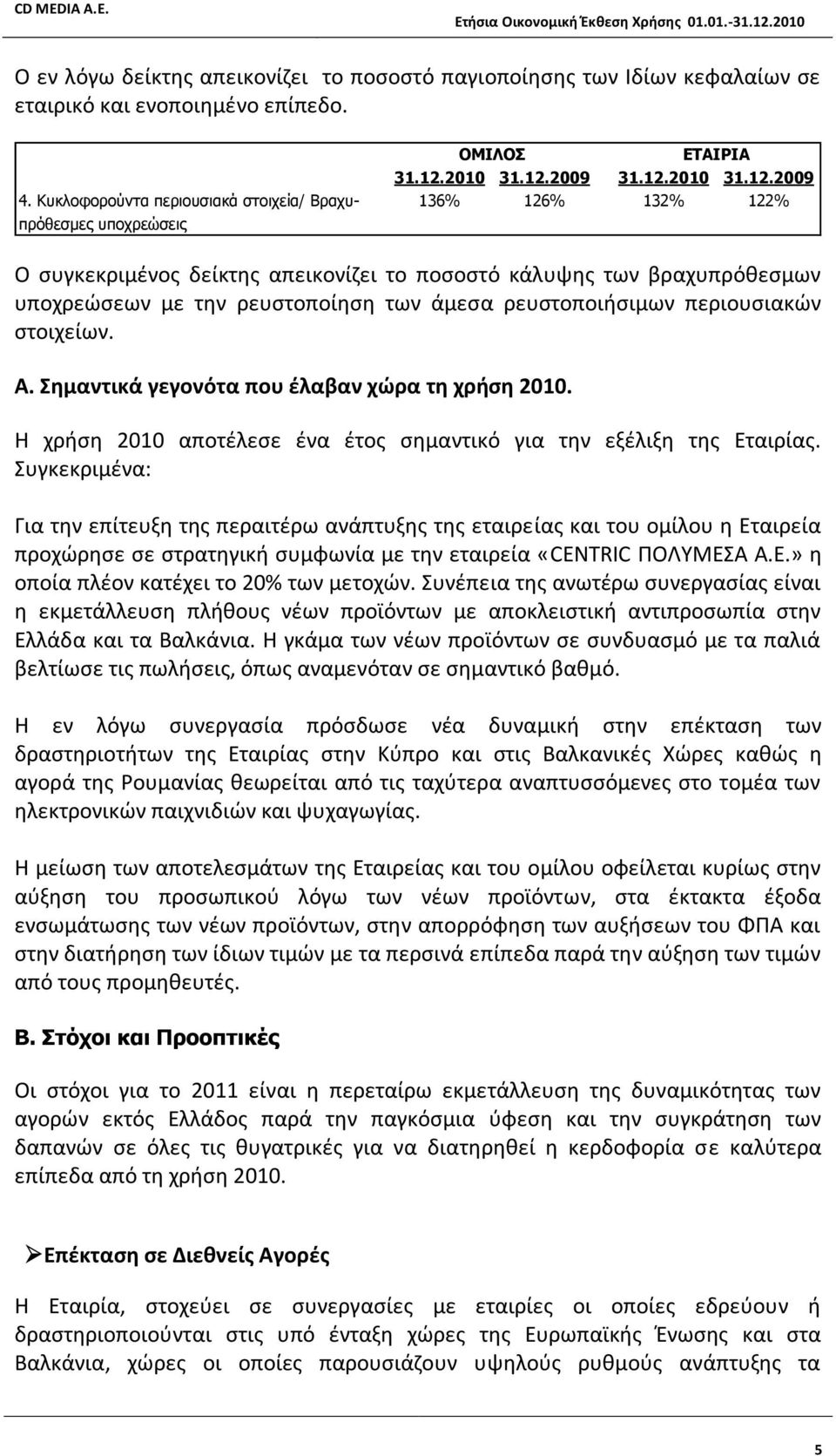 άμεσα ρευστοποιήσιμων περιουσιακών στοιχείων. Α. Σημαντικά γεγονότα που έλαβαν χώρα τη χρήση 2010. Η χρήση 2010 αποτέλεσε ένα έτος σημαντικό για την εξέλιξη της Εταιρίας.