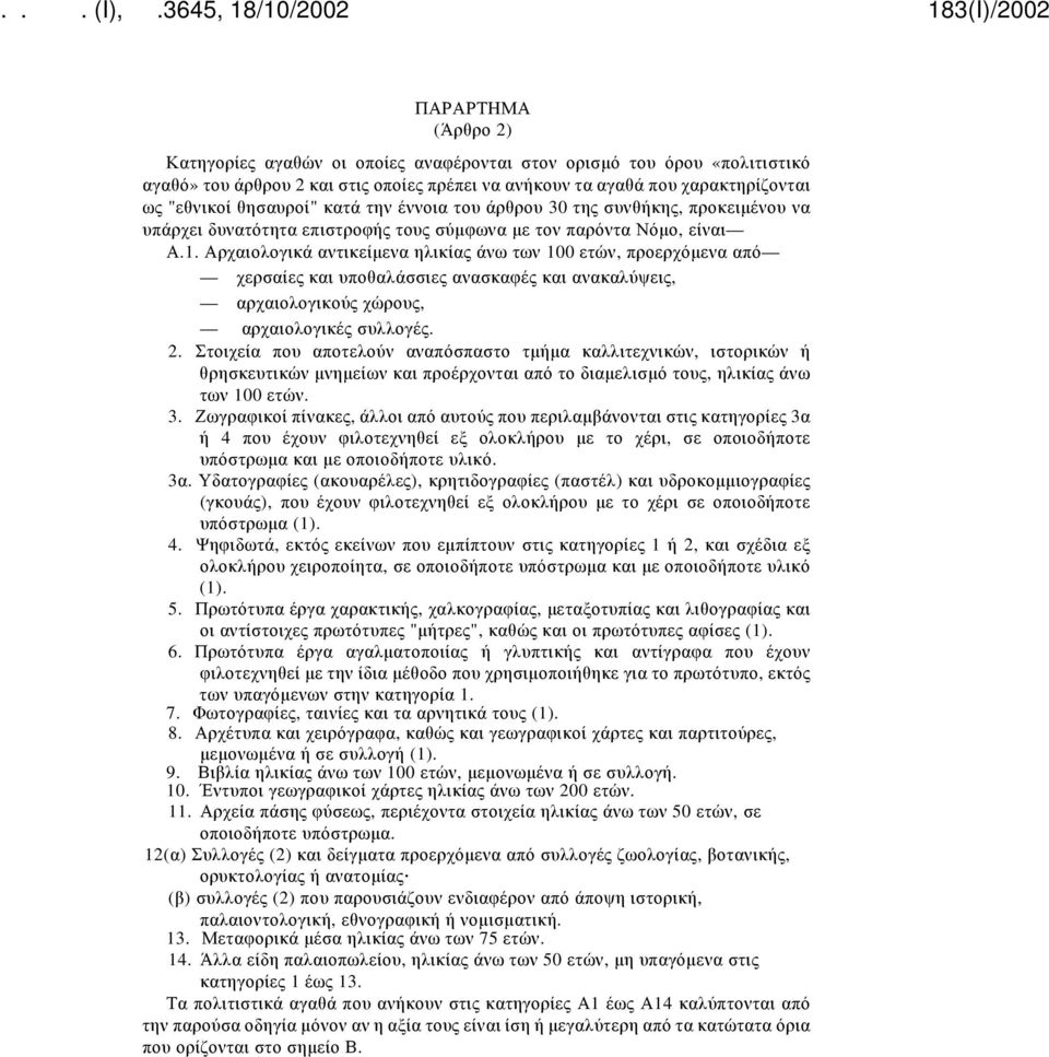 Αρχαιολογικά αντικείμενα ηλικίας άνω των 100 ετών, προερχόμενα από χερσαίες και υποθαλάσσιες ανασκαφές και ανακαλύψεις, αρχαιολογικούς χώρους, αρχαιολογικές συλλογές. 2.