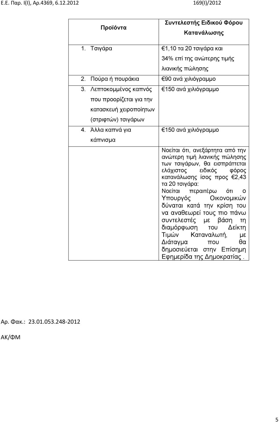 Άλλα καπνά για κάπνισμα 150 ανά χιλιόγραμμο 150 ανά χιλιόγραμμο Νοείται ότι, ανεξάρτητα από την ανώτερη τιμή λιανικής πώλησης των τσιγάρων, θα εισπράττεται ελάχιστος ειδικός φόρος