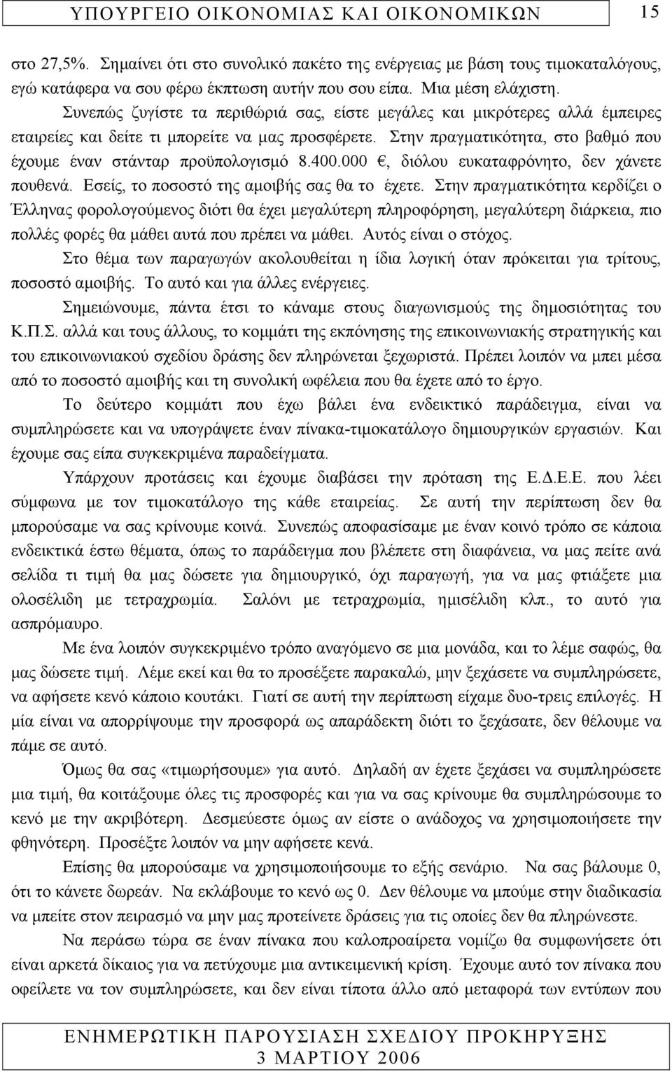 400.000, διόλου ευκαταφρόνητο, δεν χάνετε πουθενά. Εσείς, το ποσοστό της αµοιβής σας θα το έχετε.