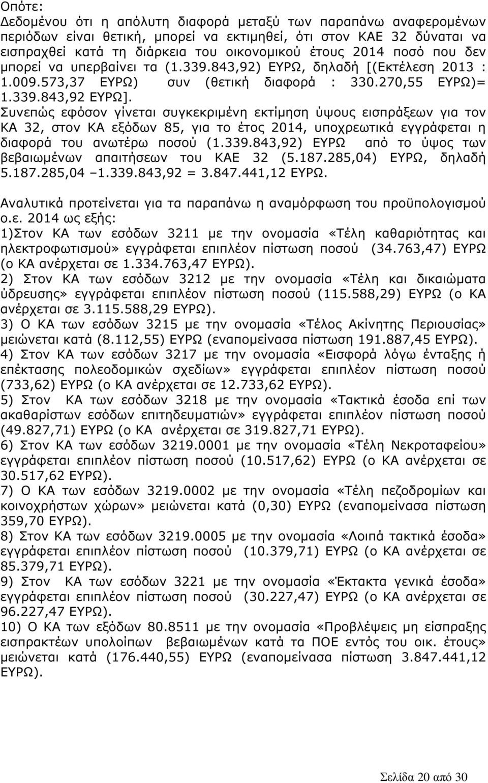 Συνεπώς εφόσον γίνεται συγκεκριµένη εκτίµηση ύψους εισπράξεων για τον ΚΑ 32, στον ΚΑ εξόδων 85, για το έτος 2014, υποχρεωτικά εγγράφεται η διαφορά του ανωτέρω ποσού (1.339.