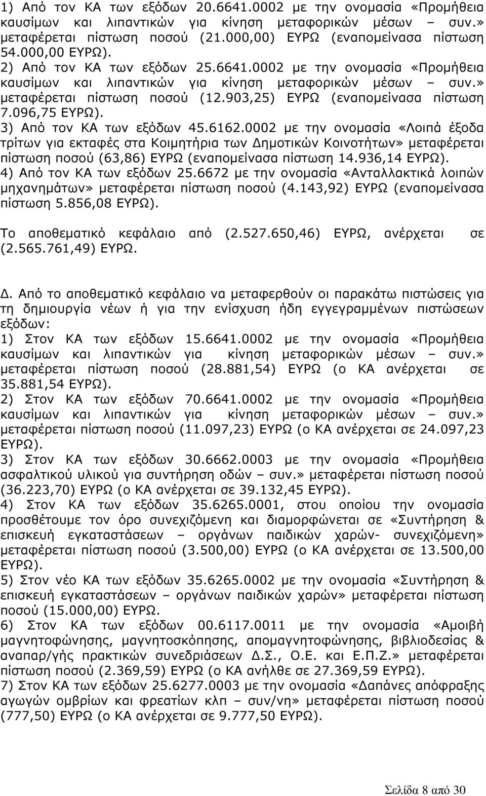 903,25) ΕΥΡΩ (εναποµείνασα πίστωση 7.096,75 ΕΥΡΩ). 3) Από τον ΚΑ των εξόδων 45.6162.