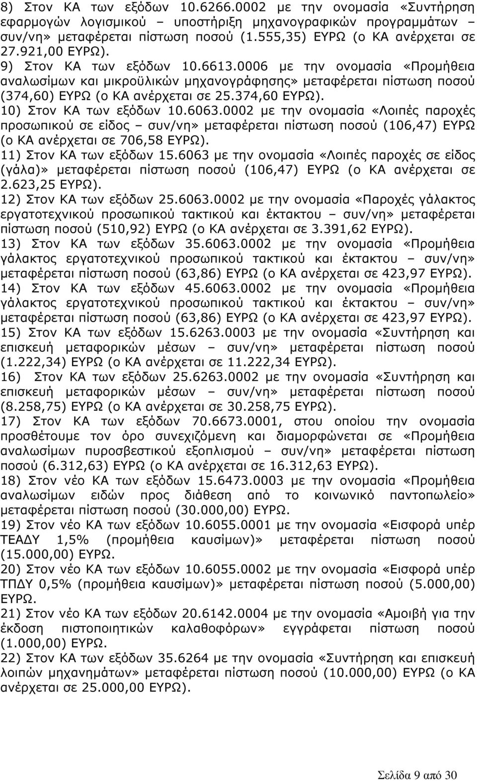 10) Στον ΚΑ των εξόδων 10.6063.0002 µε την ονοµασία «Λοιπές παροχές προσωπικού σε είδος συν/νη» µεταφέρεται πίστωση ποσού (106,47) ΕΥΡΩ (ο ΚΑ ανέρχεται σε 706,58 ΕΥΡΩ). 11) Στον ΚΑ των εξόδων 15.