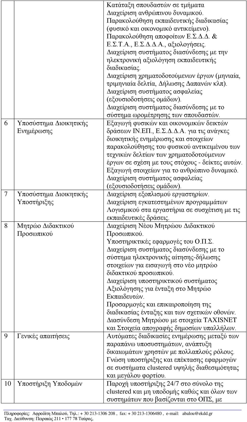 Διαχείριση συστήματος διασύνδεσης με την ηλεκτρονική αξιολόγηση εκπαιδευτικής διαδικασίας. Διαχείριση χρηματοδοτούμενων έργων (μηνιαία, τριμηνιαία δελτία, Δήλωσης Δαπανών κλπ).