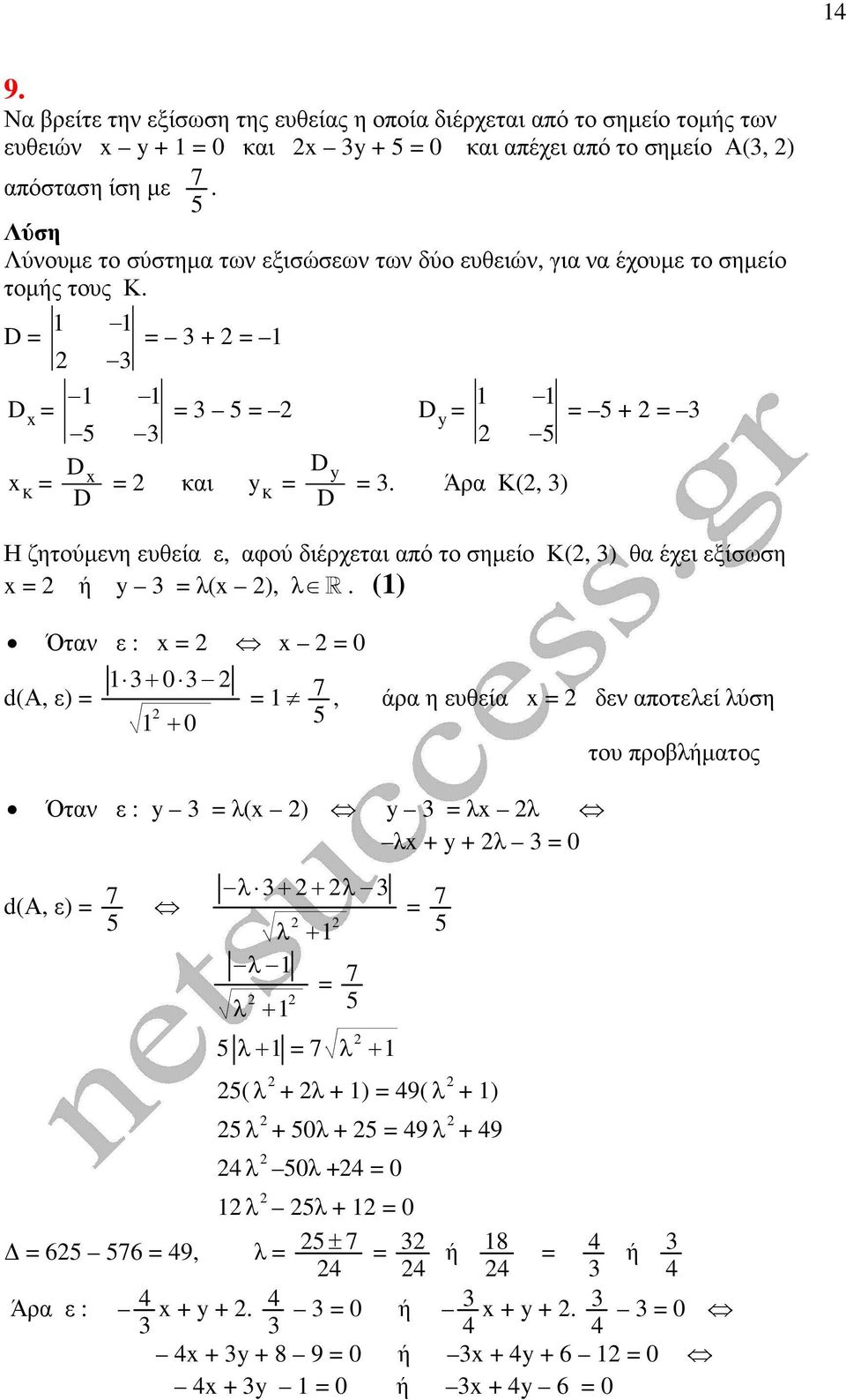 Άρα Κ(, 3) K Η ζητούµενη ευθεία ε, αφού διέρχεται από το σηµείο Κ(, 3) θα έχει εξίσωση x ή y 3 λ(x ), λ R.