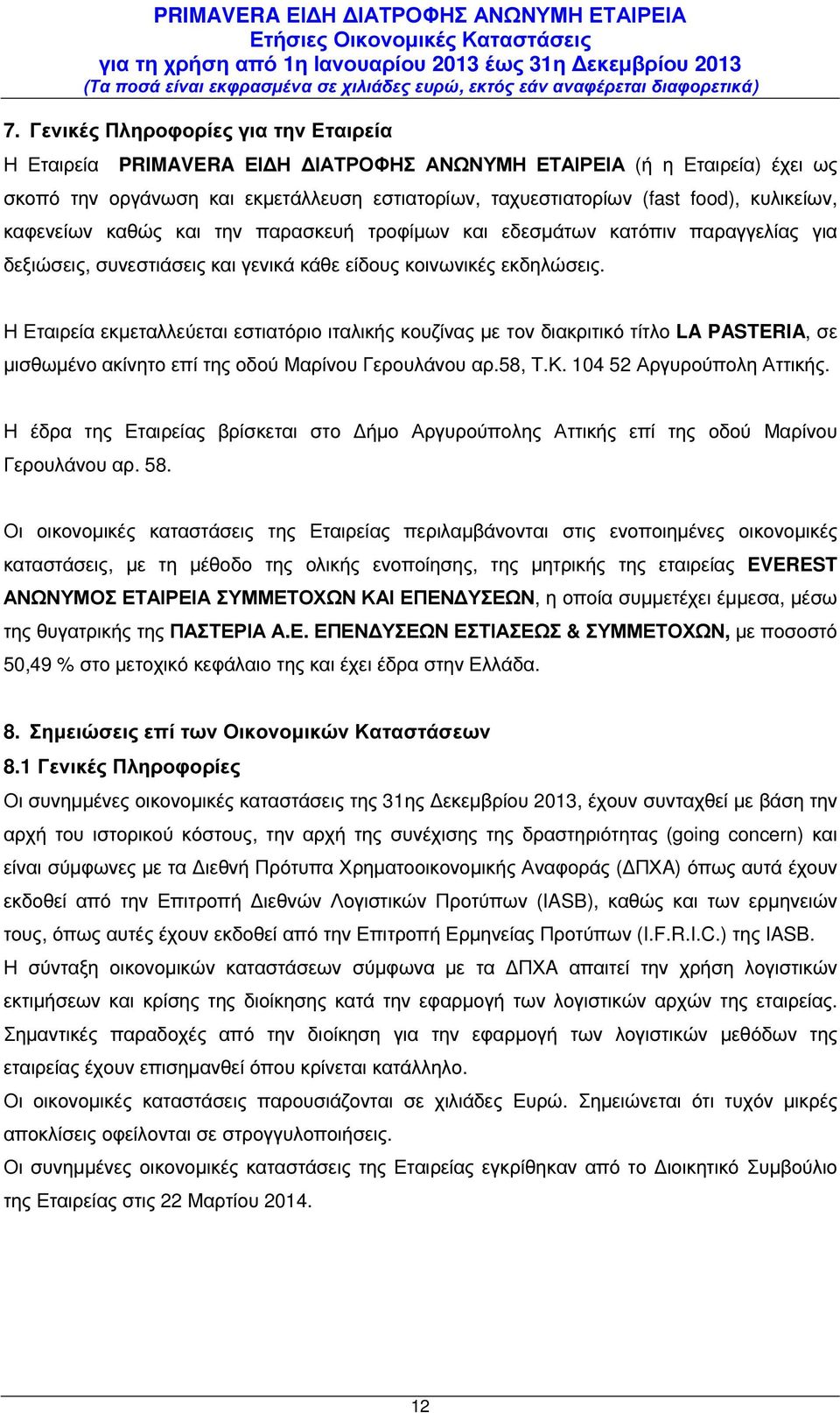 Η Εταιρεία εκµεταλλεύεται εστιατόριο ιταλικής κουζίνας µε τον διακριτικό τίτλο LA PASTERIA, σε µισθωµένο ακίνητο επί της οδού Μαρίνου Γερουλάνου αρ.58, Τ.Κ. 104 52 Αργυρούπολη Αττικής.