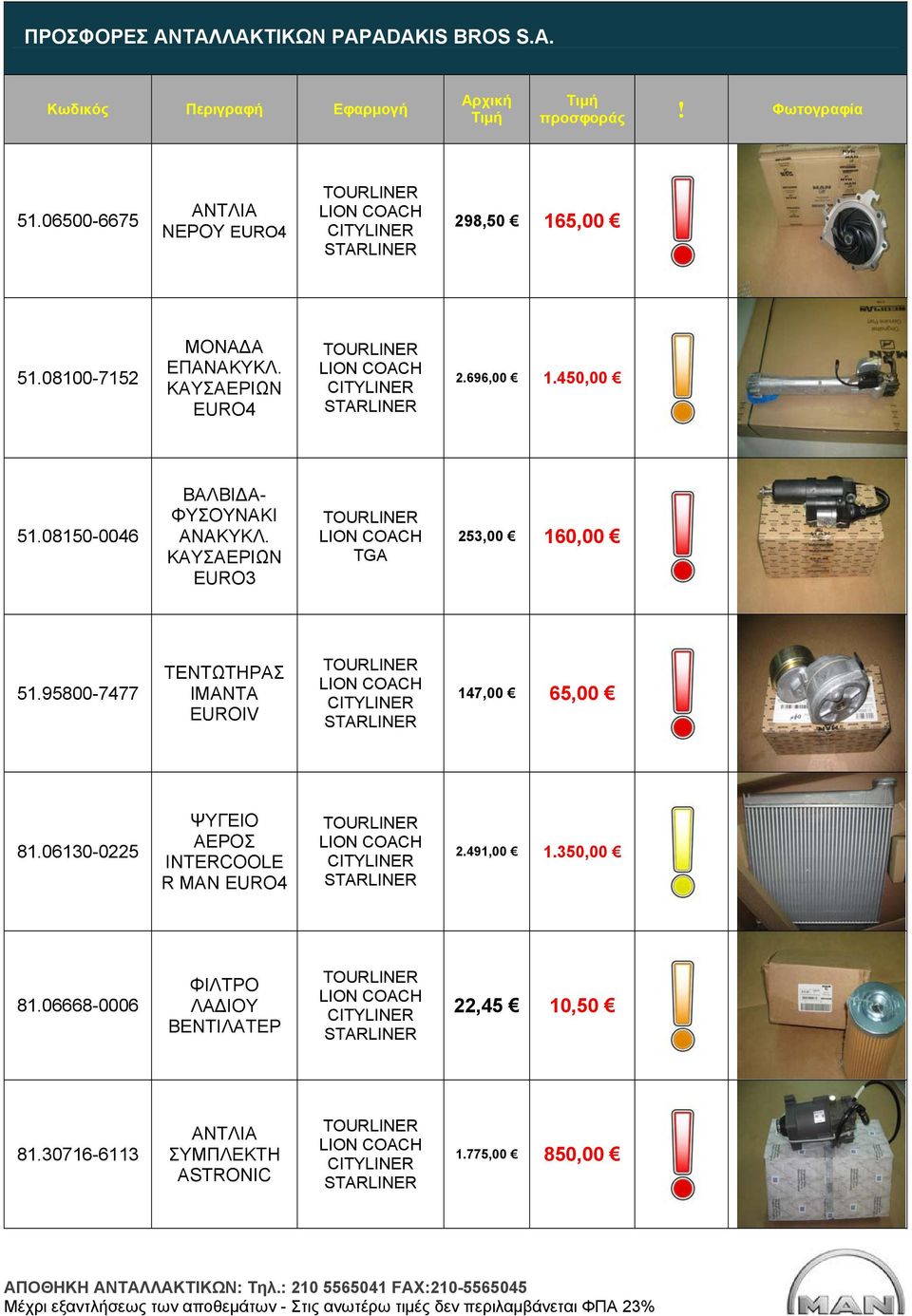 95800-7477 ΤΕΝΤΩΤΗΡΑΣ ΙΜΑΝΤΑ EUROIV 147,00 65,00 81.06130-0225 ΨΥΓΕΙΟ ΑΕΡΟΣ INTERCOOLE R MAN EURO4 2.