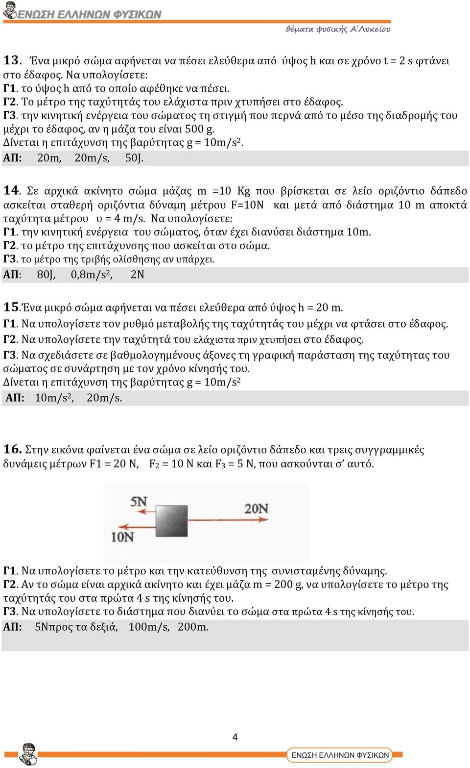 Δίνεται η επιτάχυνση της βαρύτητας g = 10m/s 2. ΑΠ: 20m, 20m/s, 50J. 14.