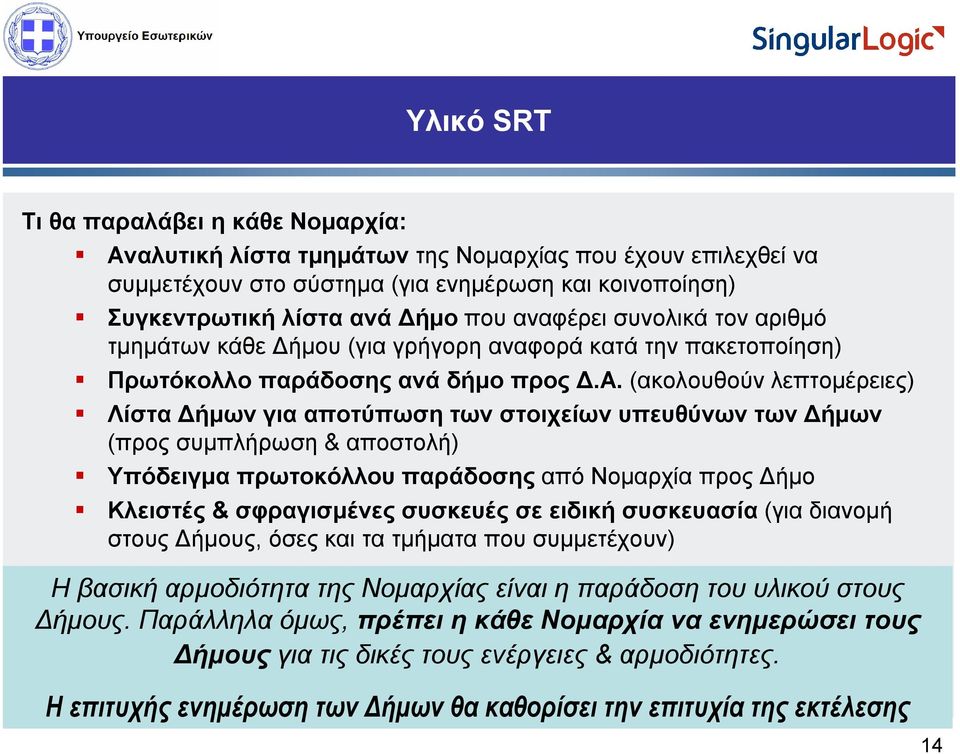 (ακολουθούν λεπτομέρειες) Λίστα Δήμων για αποτύπωση των στοιχείων υπευθύνων των Δήμων (προς συμπλήρωση & αποστολή) Υπόδειγμα πρωτοκόλλου παράδοσης από Νομαρχία προς Δήμο Κλειστές & σφραγισμένες