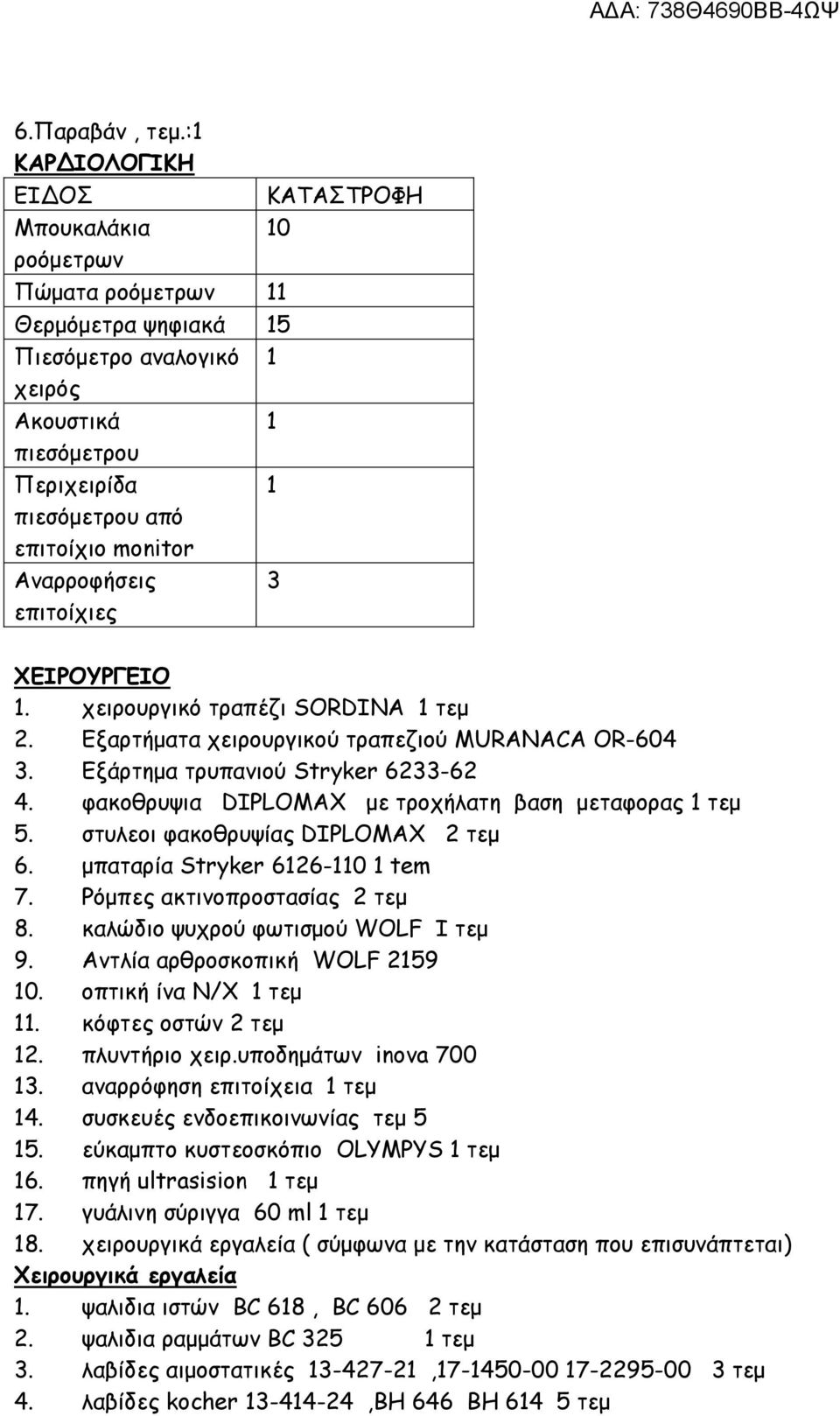 monitor Αναρροφήσεις 3 επιτοίχιες ΧΕΙΡΟΥΡΓΕΙΟ 1. χειρουργικό τραπέζι SORDINA 1 τεμ 2. Εξαρτήματα χειρουργικού τραπεζιού MURANACA OR-604 3. Εξάρτημα τρυπανιού Stryker 6233-62 4.
