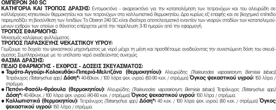 Το Oberon 240 SC είναι ιδιαίτερα αποτελεσματικό εναντίον των νεαρών σταδίων των καταπολεμούμενων εχθρών των οποίων ο θάνατος επέρχεται μετά την παρέλευση 3-10 ημερών από την εφαρμογή.