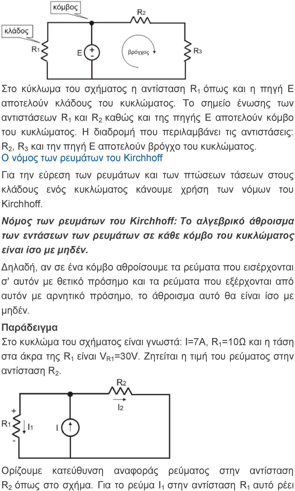 Ο λόκνο ησλ ξεπκάησλ ηνπ Kirchhoff Γηα ηελ εύξεζε ησλ ξεπκάησλ θαη ησλ πηώζεσλ ηάζεσλ ζηνπο θιάδνπο ελόο θπθιώκαηνο θάλνπκε ρξήζε ησλ λόκσλ ηνπ Kirchhoff.